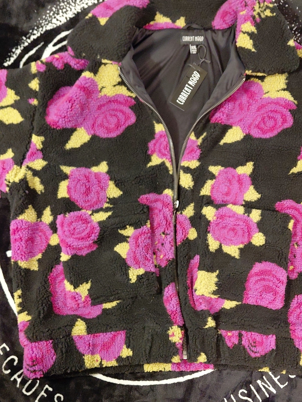 DOLLSKILL Current Mood XXL Black Sherpa Jacket with Pink & Yellow Rose Print ZIP